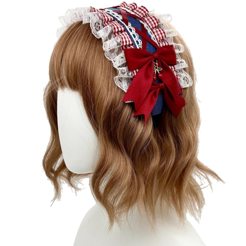 Denim Headband Womens Lolita Lace Cherry Bowknot Cosplay Hair Accessory